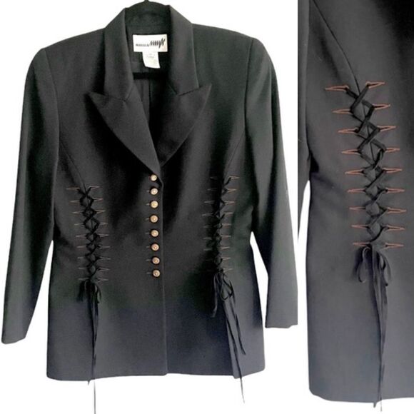 (SOLD) MARIOLA MAYER Black Vintage Wool Blazer Brown Lace Up Detail 12 - Picture 1 of 9